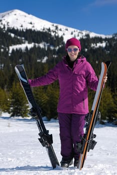 winter woman ski sport fun travel snow