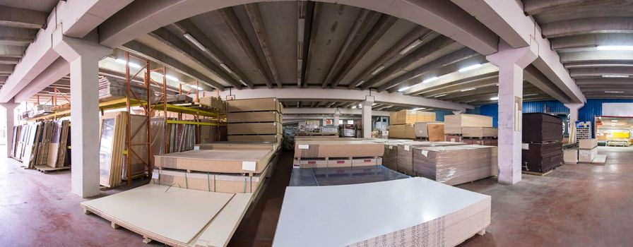 panoramic photo of production Department in big modern wooden furniture factory