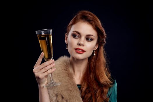 pretty woman champagne glass luxury decoration Black background. High quality photo