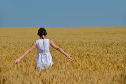 Young woman standing jumping and running  on a wheat field with blue sky in  background at summer day representing healthy life and agriculture concept