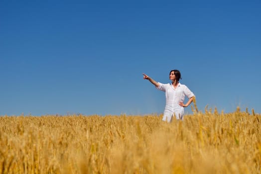 Young woman standing jumping and running  on a wheat field with blue sky the background at summer day representing healthy life and agriculture concept