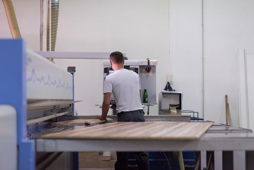 Young worker works in a factory for the production of wooden furniture