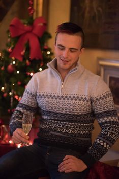 Portrait of a happy young man with a glass of champagne celebrating winter holidays at home beautifully decorated for Christmas