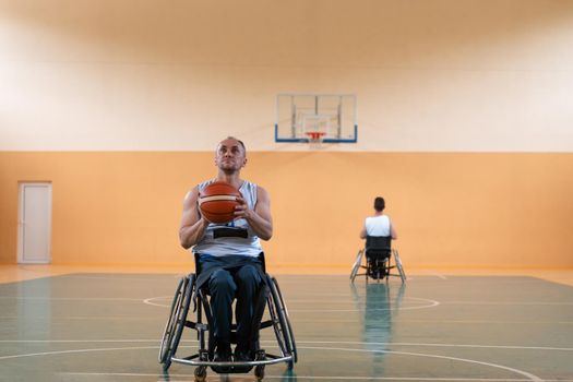 a photo of a war veteran playing basketball with a team in a modern sports arena. The concept of sport for people with disabilities. High quality photo