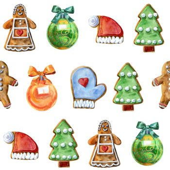 Seamless pattern. Watercolor christmas gingerbread. Hand painted gingerbread man isolated on white background. For design, background or print.