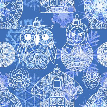 Watercolor painting effect. Handmade drawing. Seamless pattern with snowflakes, doodles and dots in blue and white colors on light blue background. For the Christmas design and decoration