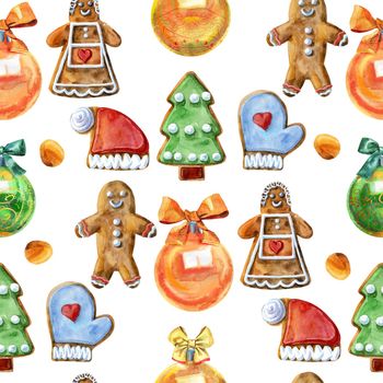 Seamless pattern. Watercolor christmas gingerbread. Hand painted gingerbread man isolated on white background. For design, background or print.