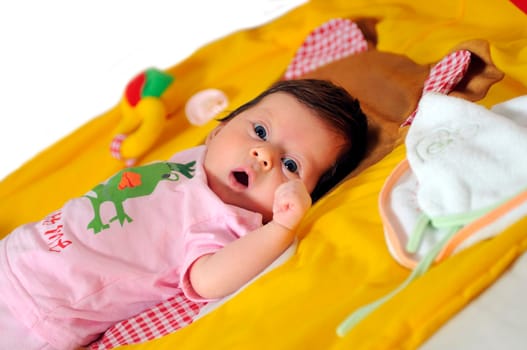 indoor portrait with happy young famil and  cute little babby 