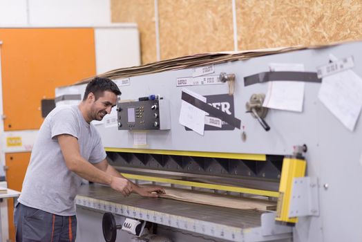 Young worker works in a factory for the production of wooden furniture