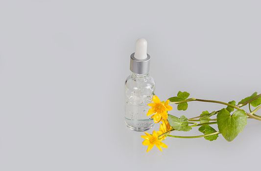 Cosmetic serum with bright yellow flowers on white background