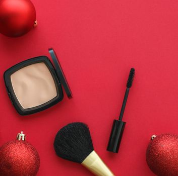 Cosmetic branding, fashion blog cover and girly glamour concept - Make-up and cosmetics product set for beauty brand Christmas sale promotion, luxury red flatlay background as holiday design