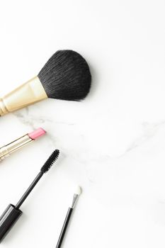 Make-up and cosmetics products on marble, flatlay background - modern feminine lifestyle, beauty blog and fashion inspiration concept