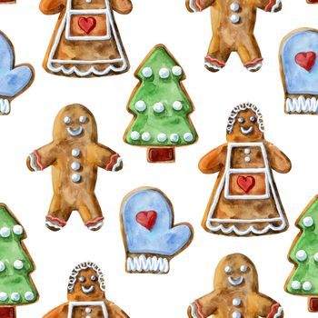 Seamless pattern. Watercolor christmas gingerbread. Hand painted gingerbread man isolated on white background. For design, background or print.