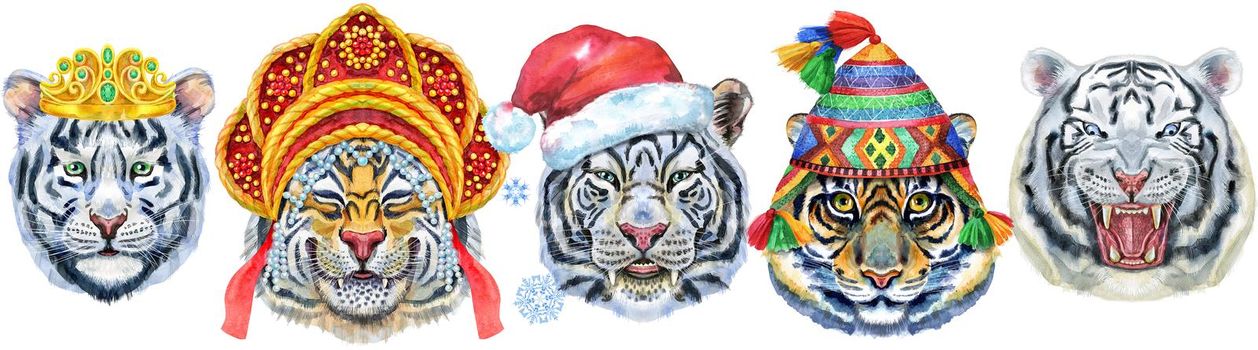 Watercolor illustration of tigers in a golden crown, Russian kokoshnik, Santa Claus hat, Peruvian chulo hat