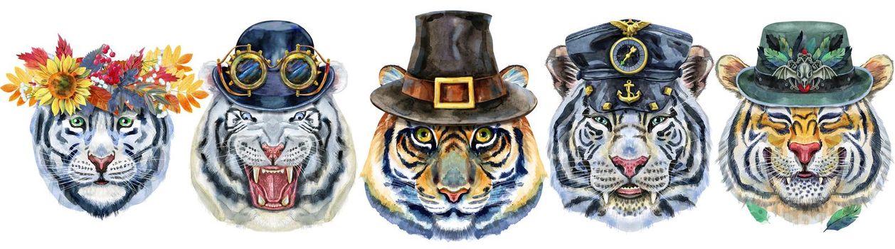 Watercolor illustration of tigers in autumn leaf wreath, bowler hat, pilgrim hat, captain's cap and halloween hat