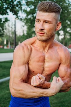 sporty muscled man with naked torso in a workout park. High quality photo