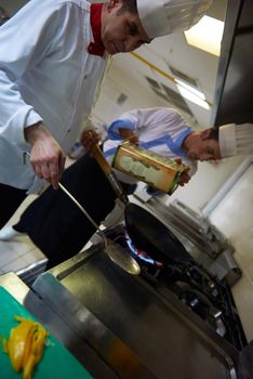 chef in hotel kitchen prepare vegetable  food with fire