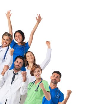 Diverse medical team of male and female doctors and nurses celebrating with arms raised isolated on white background corner frame design element