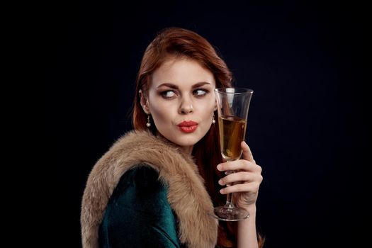 pretty woman champagne glass luxury decoration Black background. High quality photo
