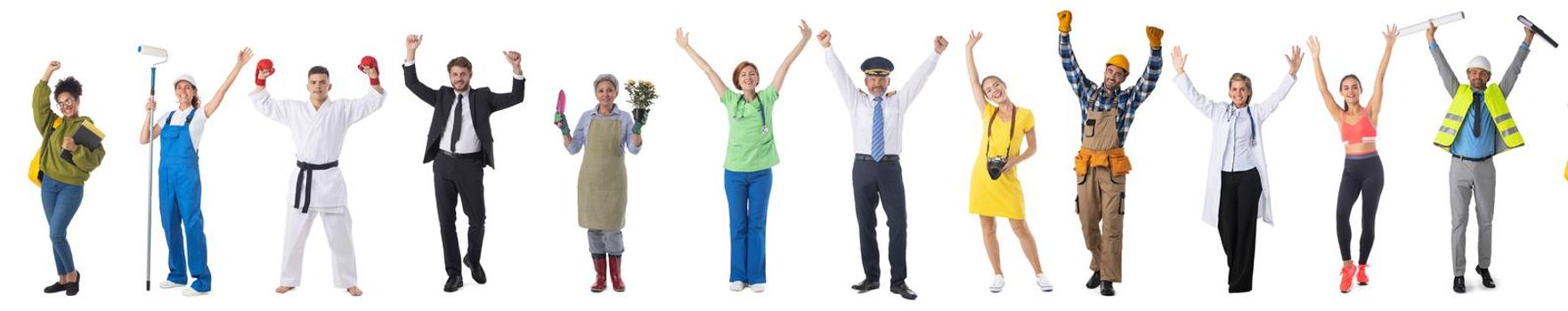 Set collage image of profession different workers isolated over white background, full length portrait