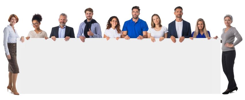 Full length, group of business people in casual clothes holding blank banner ad isolated on white background