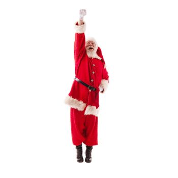 Full length size photo of Santa Claus flying up with arms raised isolated on white background