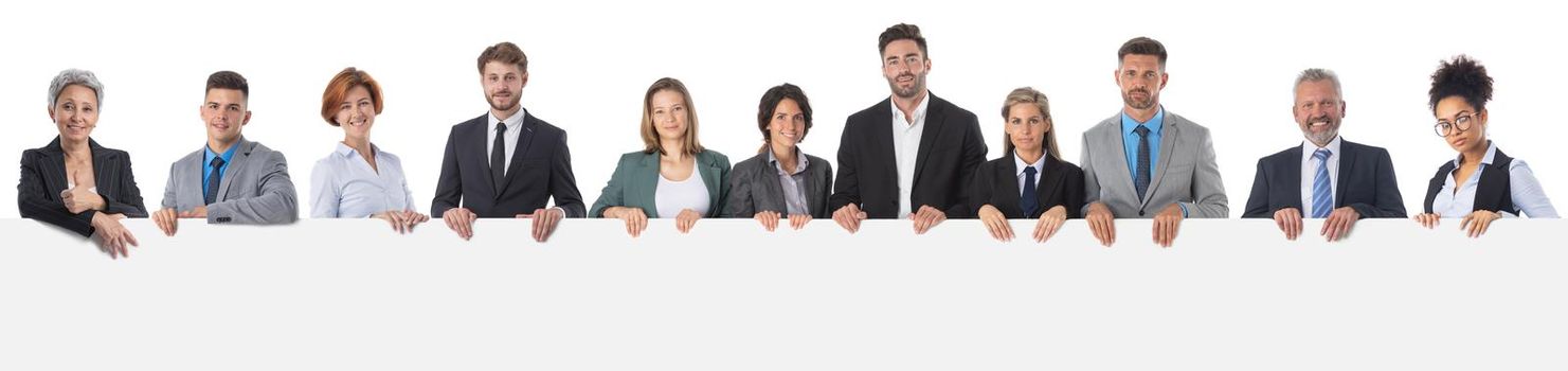 Business team with big blank banner isolated on white background, copy space for text content