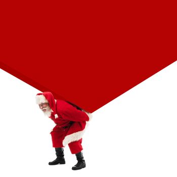 Santa Claus carrying large white gift box on his back isolated on white , big backgroun with copy space for text banner sign