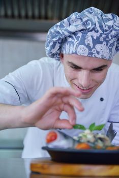 Handsome chef dressed in white uniform decorating pasta salad and seafood fish in modern kitchen