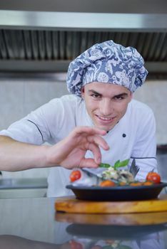 Handsome chef dressed in white uniform decorating pasta salad and seafood fish in modern kitchen