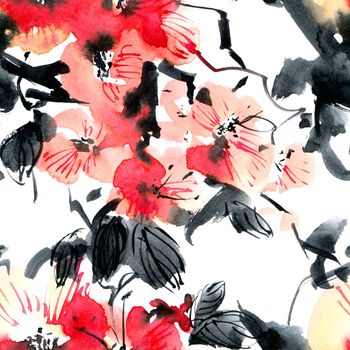 Watercolor seamless pattern - blossom sakura flowers and leaves. Oriental traditional painting in style sumi-e, u-sin and gohua.