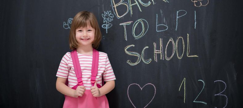 Happy school girl child with backpack writing  back to school on black chalkboard