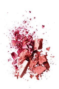 Powder cosmetics, mineral organic eyeshadow, blush or crushed cosmetic product isolated on white background, makeup and beauty banner, flatlay design.
