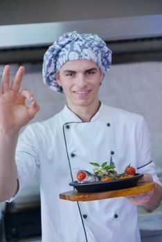 Handsome chef dressed in white uniform decorating pasta salad and seafood fish in modern kitchen