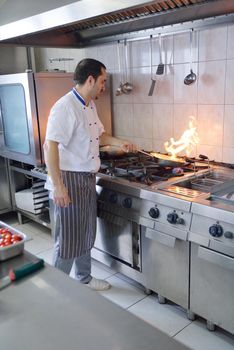 Handsome chef dressed in white uniform decorating pasta salad and seafood fish in modern kitchen