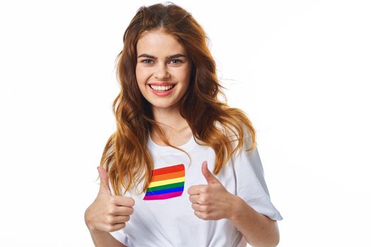 woman with lgbt flag transgender community light background. High quality photo