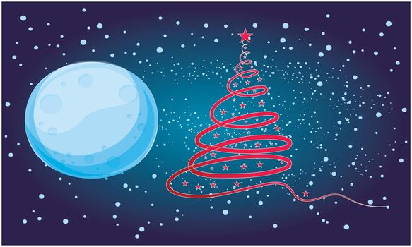 Christmas tree art on moon and stars background