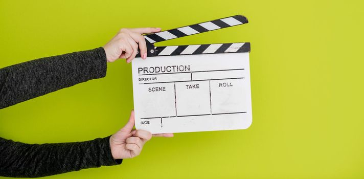 video production movie clapper cinema action and cut concept isolated on green chroma background