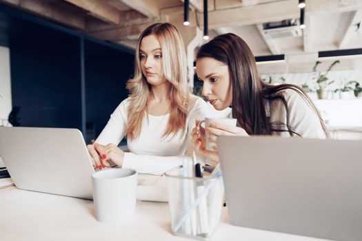 Two young female colleagues discussing business project together in modern office