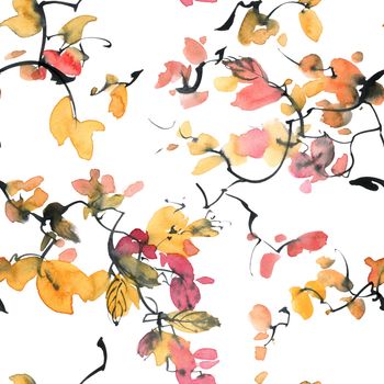 Watercolor seamless pattern with tree foliage. Oriental traditional painting in style sumi-e, u-sin and gohua.