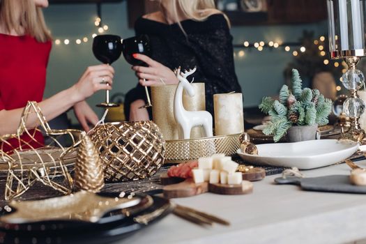 Pretty smiling ladies toasting with wine glasses while celebrating Christmas at home