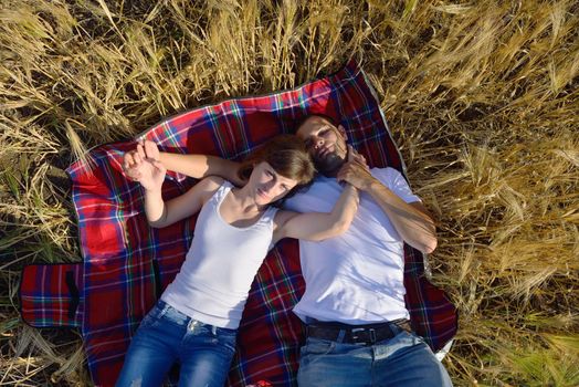 happy young couple in love have romance and fun at wheat field in summer