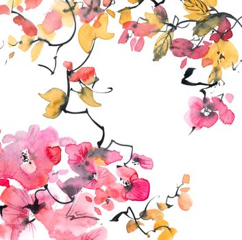 Watercolor and ink illustration of twig with pink flowers, leaves and buds. Oriental traditional painting in style sumi-e, u-sin and gohua.