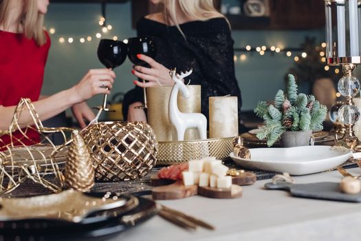 Pretty smiling ladies toasting with wine glasses while celebrating Christmas at home