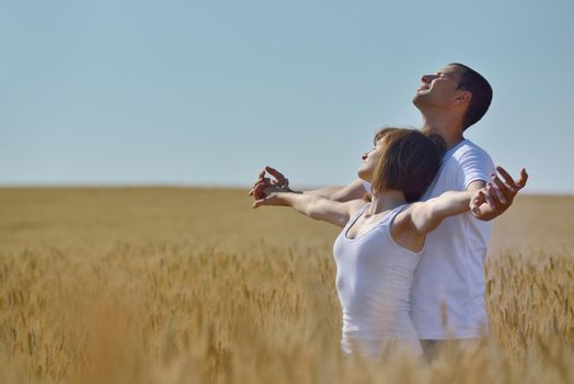 happy young couple in love have romance and fun at wheat field in summer