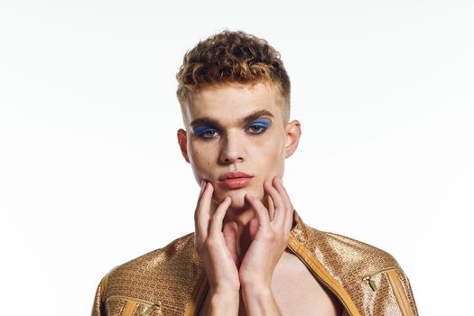 man with female makeup transgender posing fashion lgbt community. High quality photo