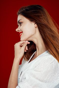 fashionable woman with red lips in red white dress isolated background. High quality photo