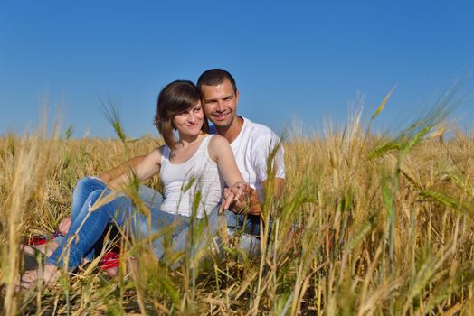 happy young couple in love have romance and fun at wheat field in summer