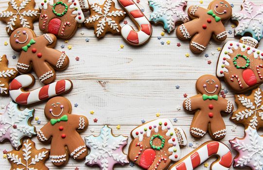 Christmas backgrounds. Homemade gingerbread cookies border with copy space.