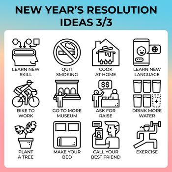 New year's resolution ideas icon set in modern style for ui, ux, web, app, brochure, flyer and presentation design, etc.